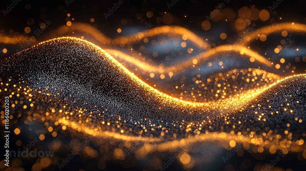 Poster glowing particles move dynamically over a dark blue surface