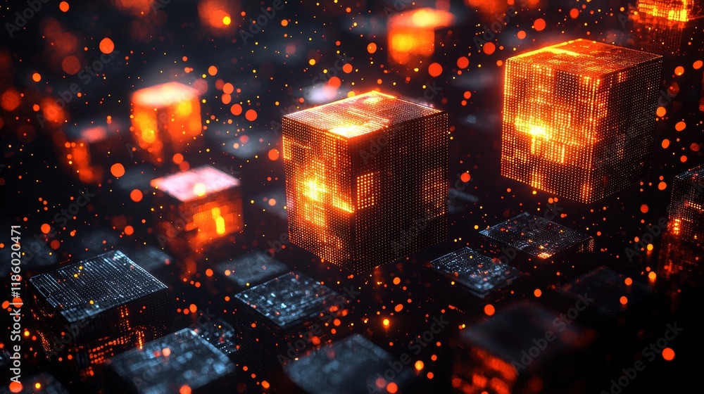 Poster abstract digital visuals featuring vibrant, floating cubes in a dynamic aerial view, embodying an in