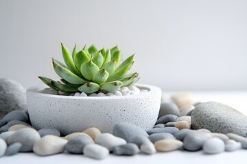 Fototapeta premium Succulent plant in concrete pot, pebbles, white background, zen decor