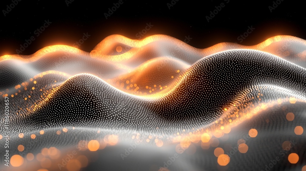 Poster dynamic flowing light patterns in a digital space create an abstract art piece against a dark backgr