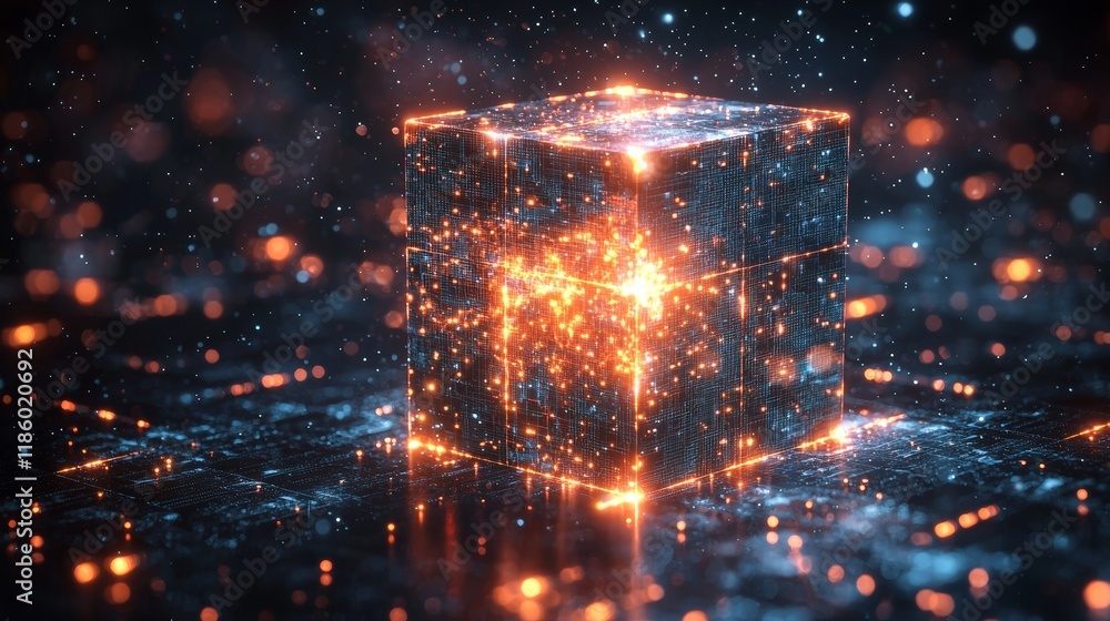 Poster illuminating digital studio with a close-up view of a 3d geometric cube animation, creating an abstr