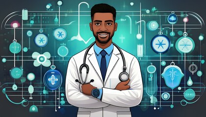 Male medicine doctor hold healthcare medical icons for the Health insurance concept