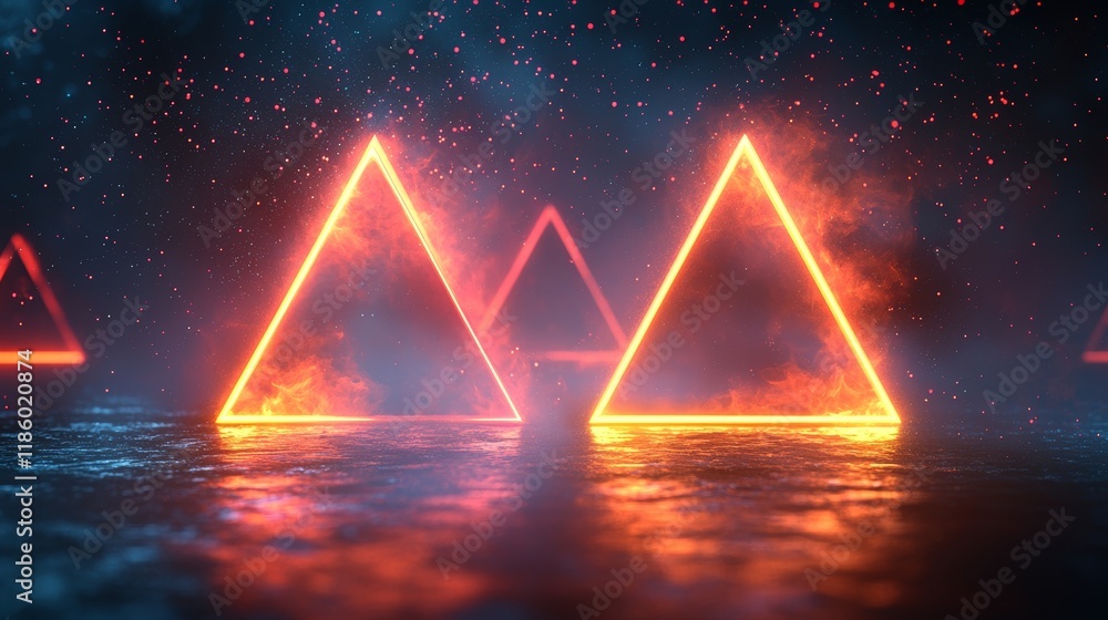 Poster abstract digital art features dynamic geometric shapes in motion, forming a colorful and lively envi