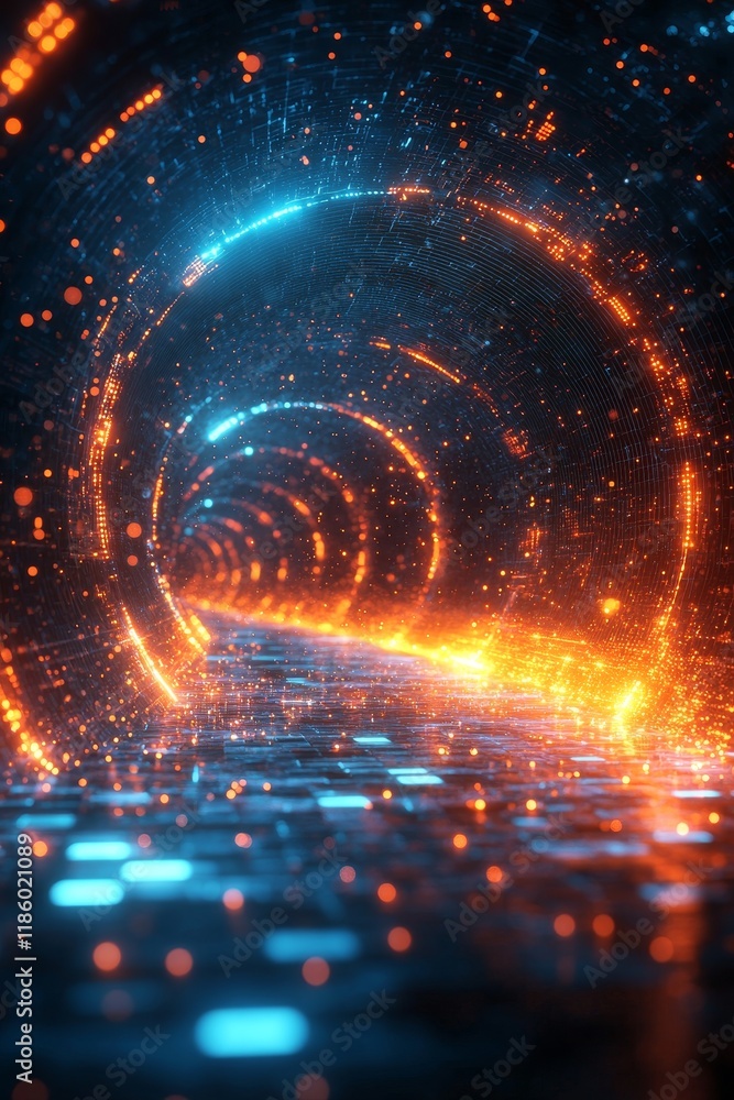 Poster an abstract scene depicting luminescent light trails and particles that create the illusion of motio