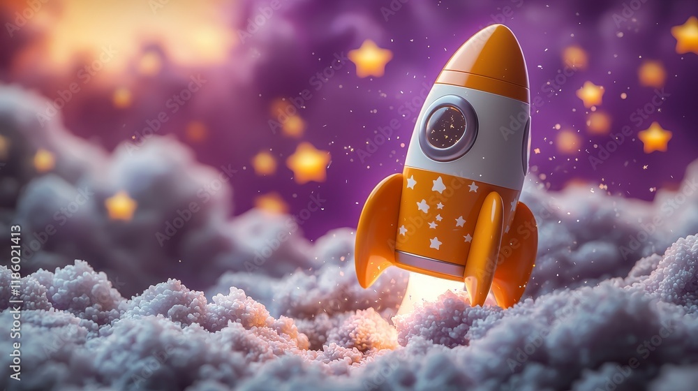 Poster a lively 3d animation showcases a vibrant rocket with stars streaking across a digital space in a pl