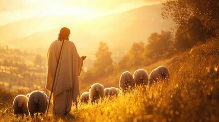 Robed figure herding sheep across a sunlit meadow at sunset, bathed in golden light, symbolizing tranquility and harmony. Perfect for pastoral, rural, and serene landscape themes.