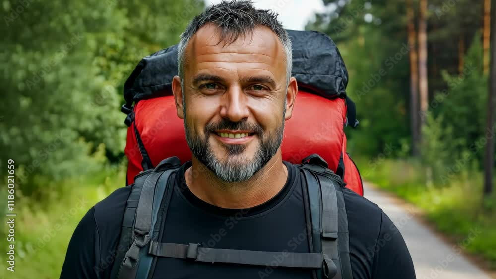 Poster man with a backpack is smiling and looking at the camera. he is happy and content