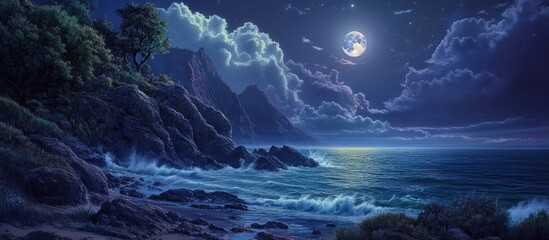 Fototapeta premium Serene moonlit coastal scene at night with rocky shore, waves, and trees.