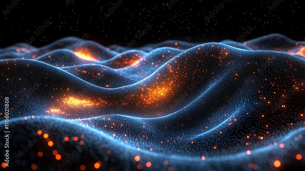 Poster dynamic digital landscape visualization in an abstract environment with 3d graphics, showcasing a fu
