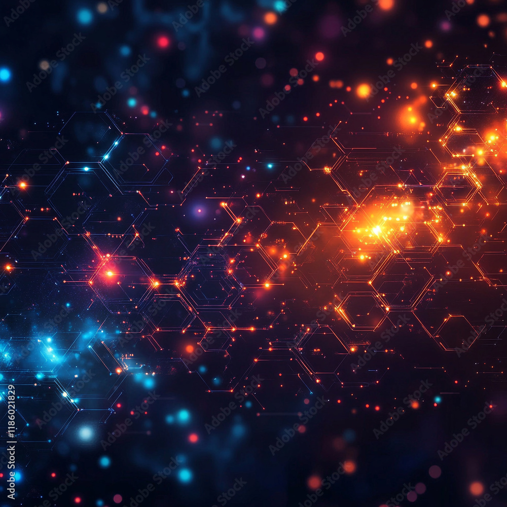 Poster colorful abstract background with glowing shapes and lines in a cosmic style