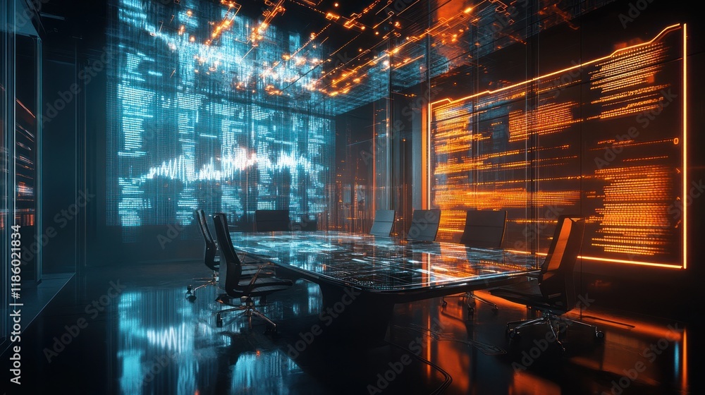 Poster futuristic tech meeting room with holographic displays showing data streams and charts.