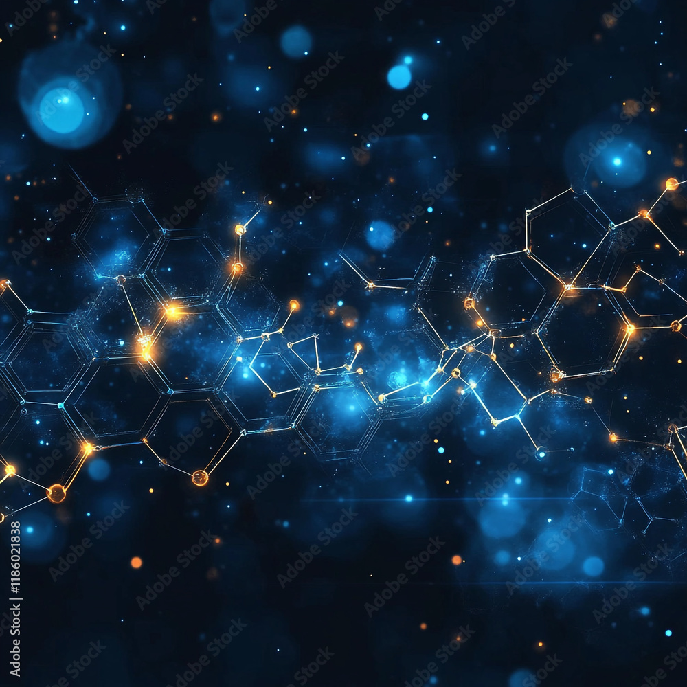 Poster digital artwork showcasing molecular structures and glowing particles in a dark background