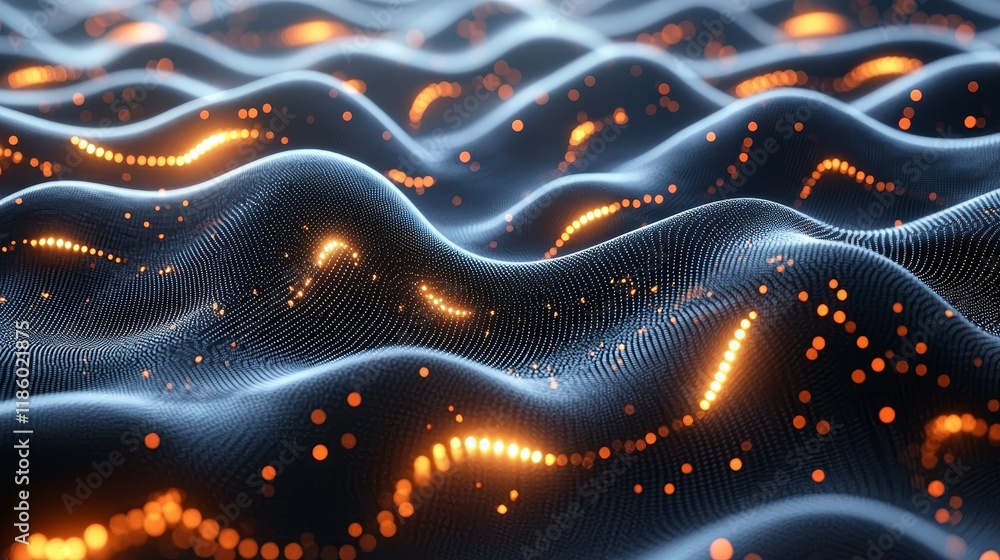Poster in an abstract setting, 3d graphics depict a dynamic digital landscape with a futuristic design, see