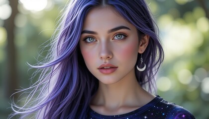 Naklejka premium Purple Hair, Blue Eyes: A captivating portrait of a young woman with vibrant purple hair and piercing blue eyes, bathed in natural light. Her gaze is captivating, radiating confidence and beauty.