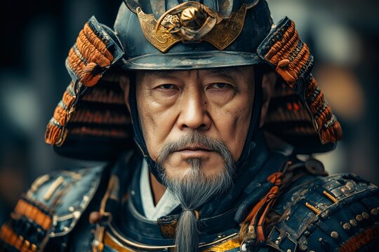 Portrait of a samurai warrior wearing traditional armor and helmet