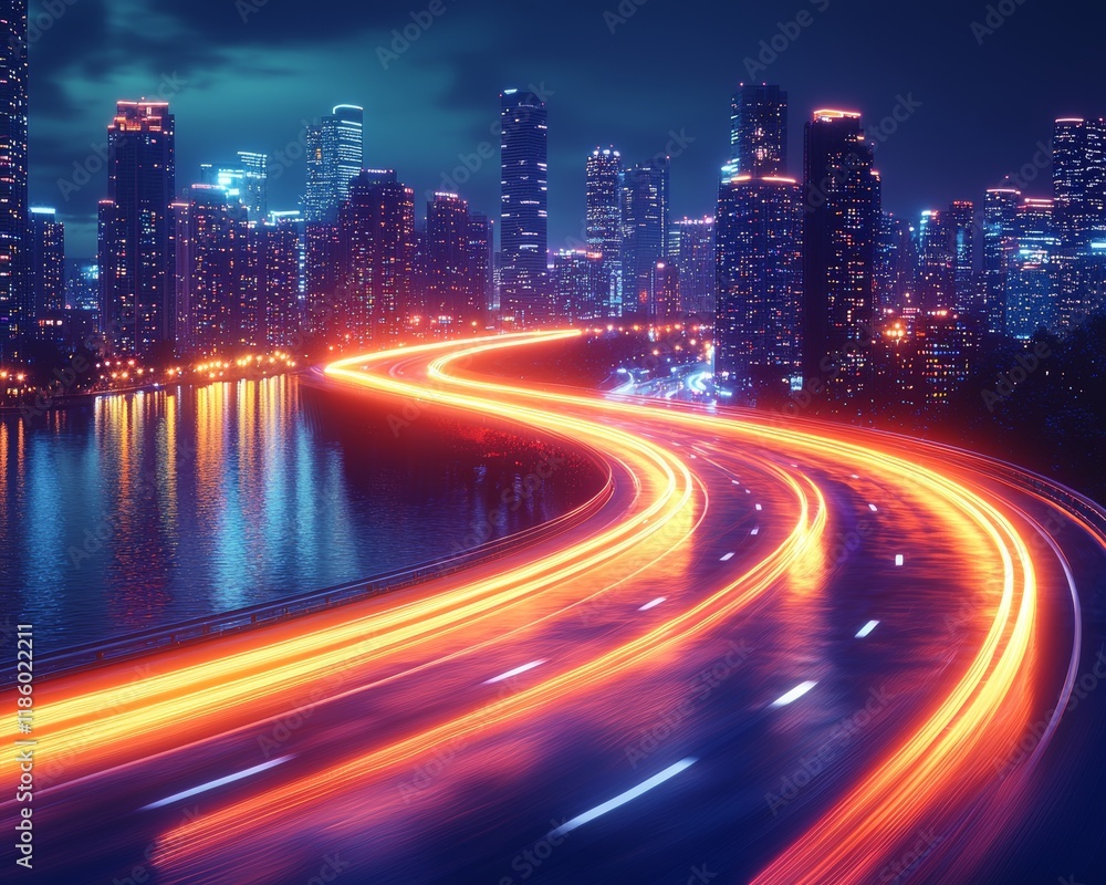 Poster animated light trails intersect to form kinetic designs, creating movement illusions within a futuri