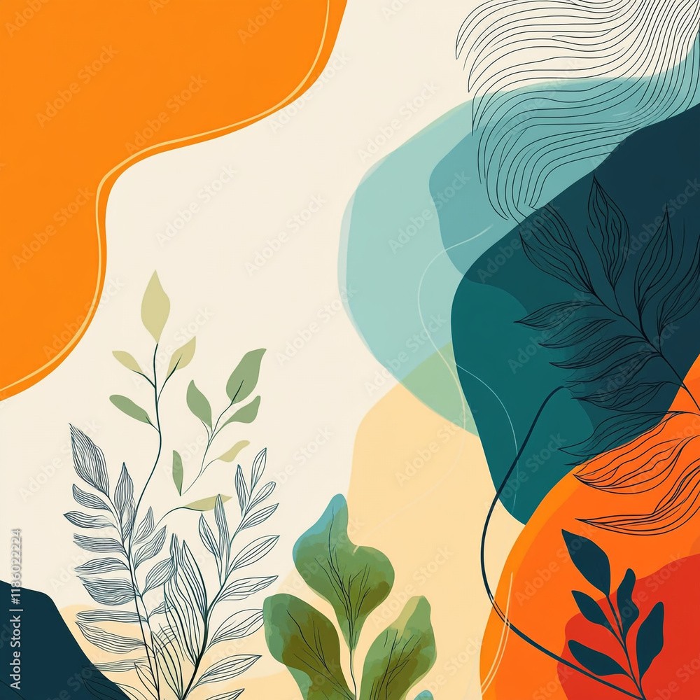 Poster colorful abstract design featuring botanical elements in a harmonious composition
