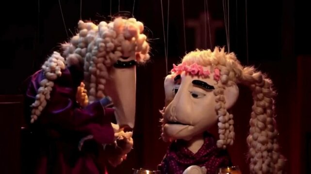 A dramatic scene from a puppet show featuring two expressive marionette characters with detailed costumes and intricate string work under dramatic lighting. Puppetry. Puppet.