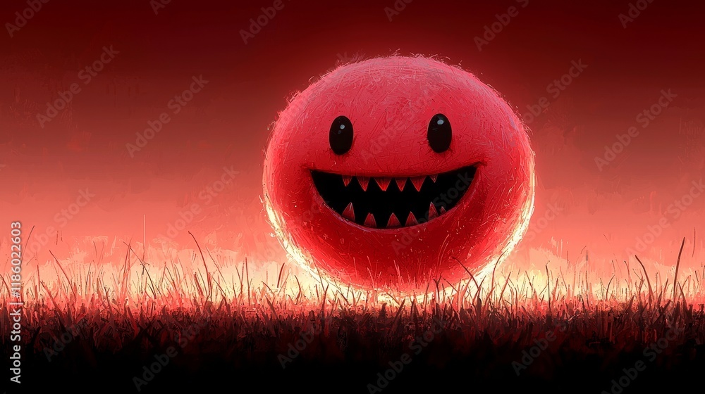 Poster vibrant dynamic cartoon monster with sharp teeth in motion graphics style against a gradient backgro