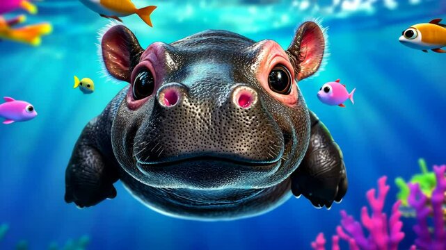 Cute baby hippo is swimming in the ocean. The water is blue and the fish are swimming around it