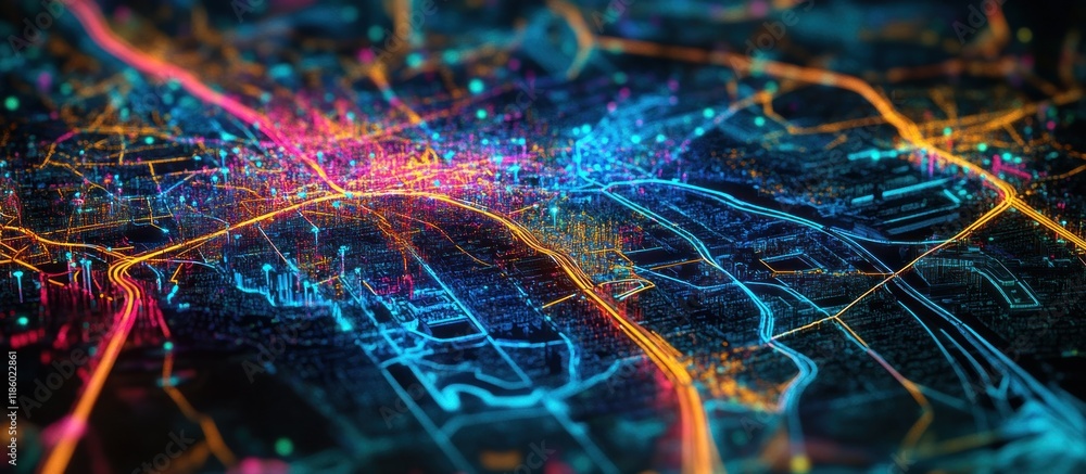 Poster abstract digital city map with glowing lines and nodes.