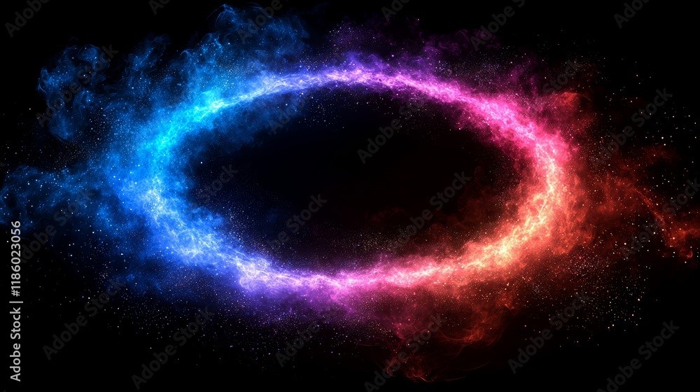 Poster dynamic cosmic circle animation in digital space with graphic design abstract visuals featuring vibr