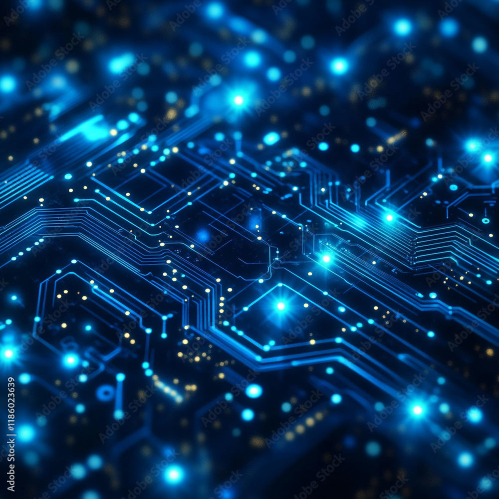 Poster exploring the intricate connections of a blue circuit board illuminated with lights