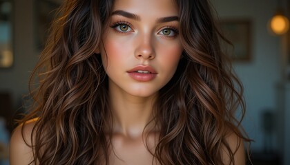 Fototapeta premium Captivating Gaze: Portrait of a Young Woman with Luxurious Brown Waves 