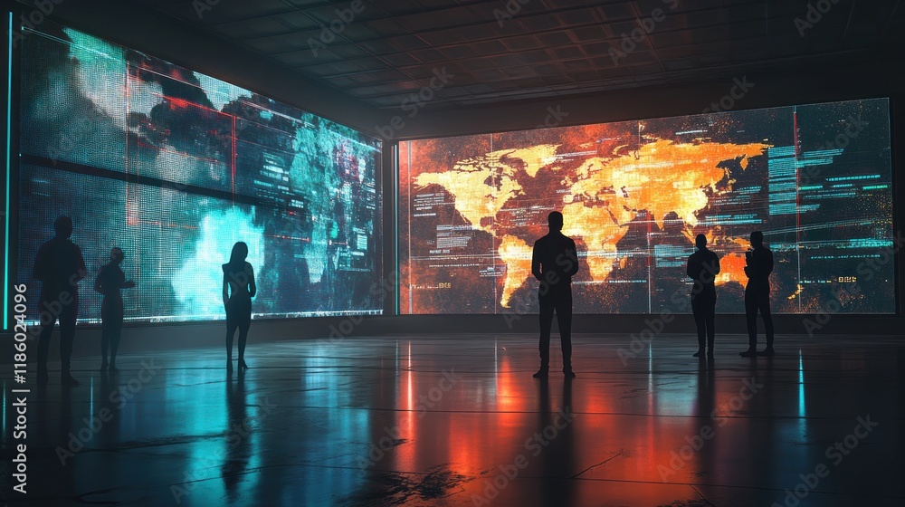 Poster silhouetted figures observing global data on large screens.