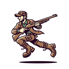 Fototapeta premium Action-packed hunter jumping with a rifle, ready for adventure. A bold and dynamic character illustration for storytelling, outdoor themes, or creative designs. Isolated vector illustration