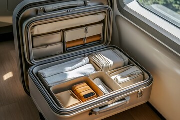 Modern carry-on suitcase open displaying organized clothes and accessories on train
