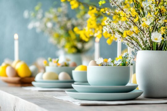 Elegant festive dining table setting with Easter centerpieces and decor for a joyous celebration