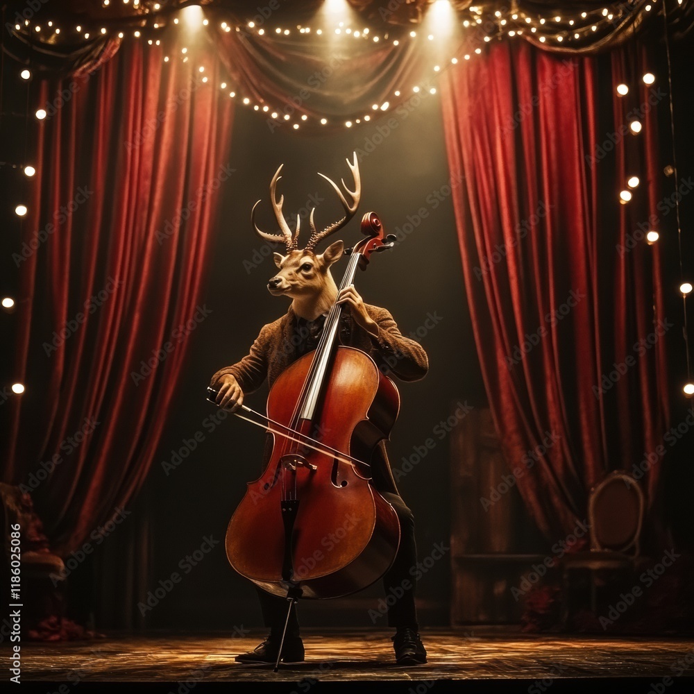 Poster Deer performs with a cello in an enchanting theatrical setting during a splendid evening show. Generative AI