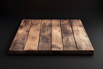 Rustic wooden platform, dark background, product display