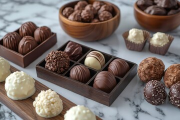 Variety of delicious gourmet chocolates displayed on marble table
