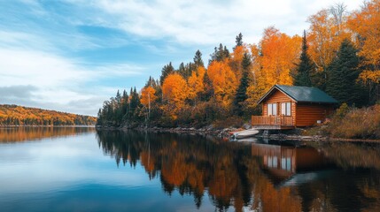 Autumnal lake cabin reflection.