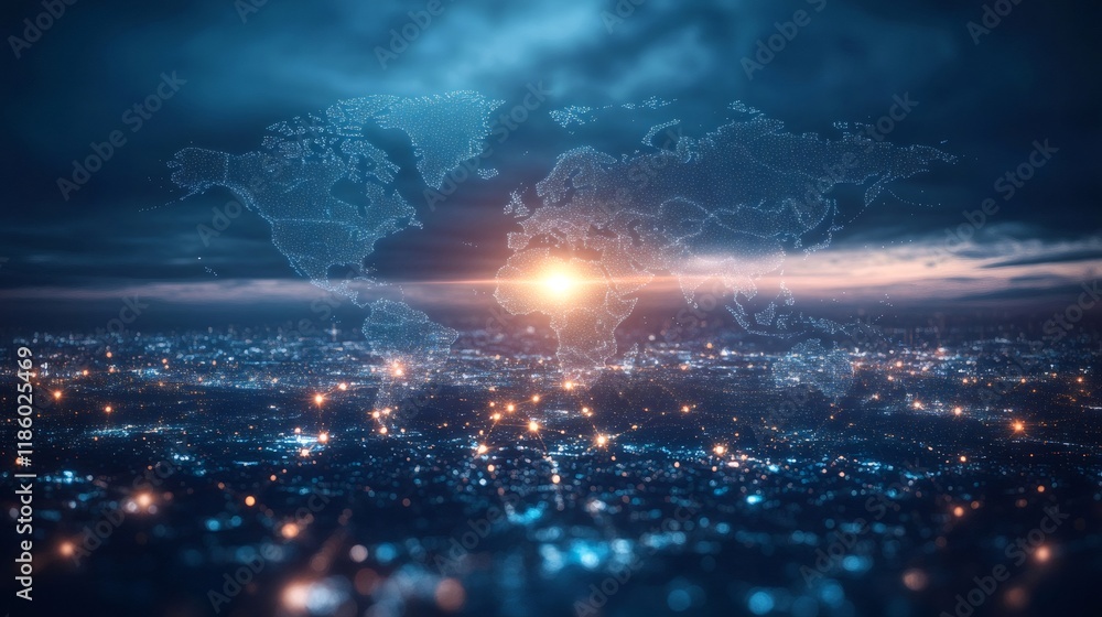 Poster world map hologram floating over illuminated city at night symbolizing global communication