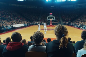 Spectators watch intense basketball game from stadium seats.