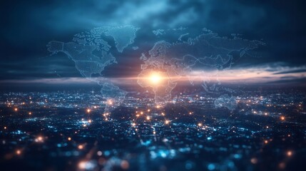 Fototapeta premium World map hologram floating over illuminated city at night symbolizing global communication