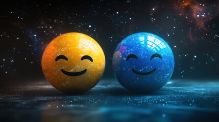 Two spheres, one blue with a sad face emoji and the other yellow with a happy face emoji, set against a background of space