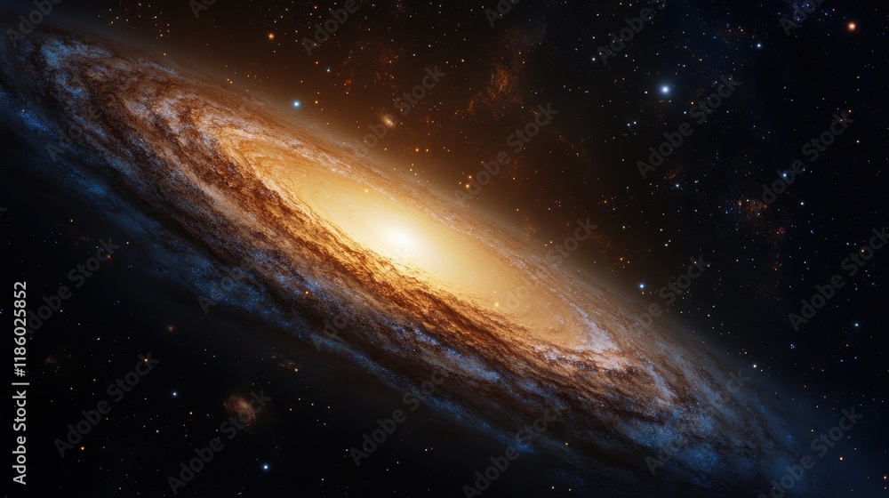 Wall mural a distant spiral galaxy with a bright core and starry background