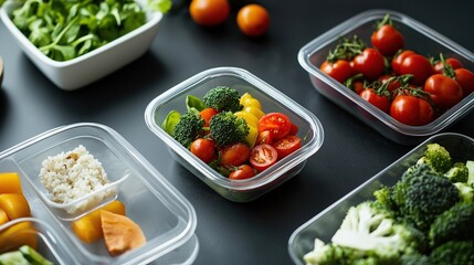 A clear photograph of plastic containers filled with healthy food, set against a black background