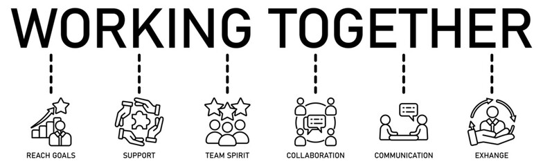 Working together banner web icon vector illustration concept with icon of communication, coordination, support, delegation, efficiency, collaboration, teamwork, spirit, goals