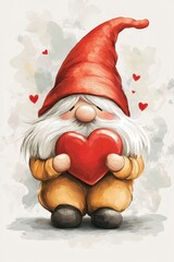 Gnome in a red hat holds a red heart, a card for Valentine's Day