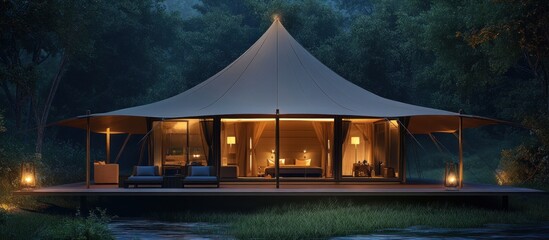 Luxurious safari tent at night in a forest.