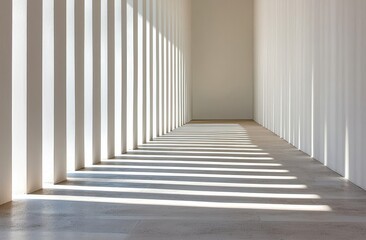Fototapeta premium A minimalistic white and grey backdrop showcasing a high-contrast stripe pattern, interplay of light and shadow, set against a spacious environment evoking a street or urban scene