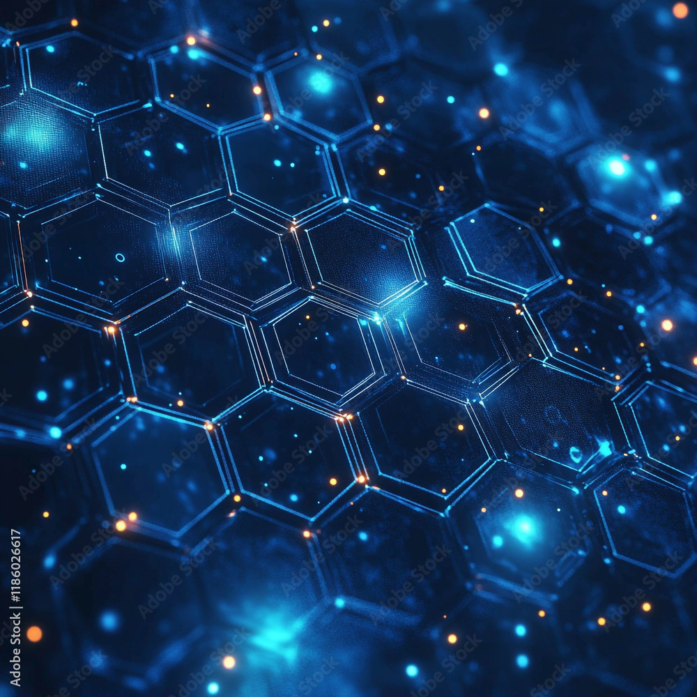 Poster intricate blue honeycomb pattern with glowing elements in a digital landscape design