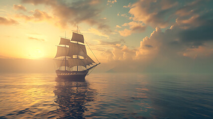 Fototapeta premium Stunning Sunset Over Calm Sea with Majestic Sailing Ship Photograph - Perfect for Travel and Adventure Themes
