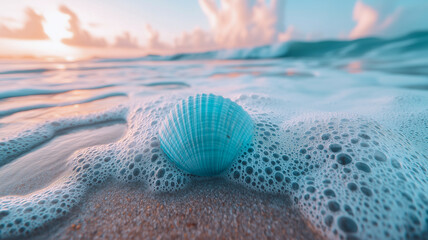 Obraz premium Seashell Sunrise: A delicate seashell rests in the foamy embrace of the ocean, bathed in the soft glow of sunrise. The tranquil scene evokes a sense of peace and serenity. 