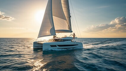 A sailboat's sails catch the wind on the sea at sunset, evoking summer yachting and nautical leisure